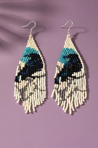 Boho long Handwoven seed bead raven earrings