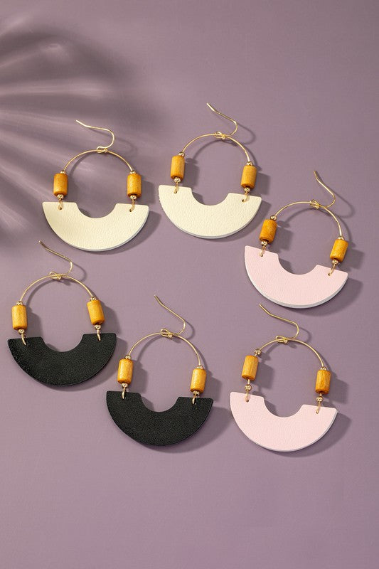 Leather and metal arch earrings with wood beads