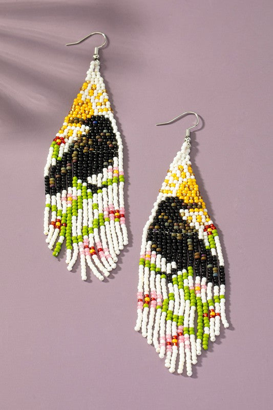 Boho long seed bead raven earrings