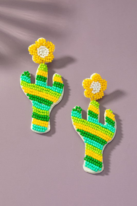 Seed bead cactus and flower drop earrings