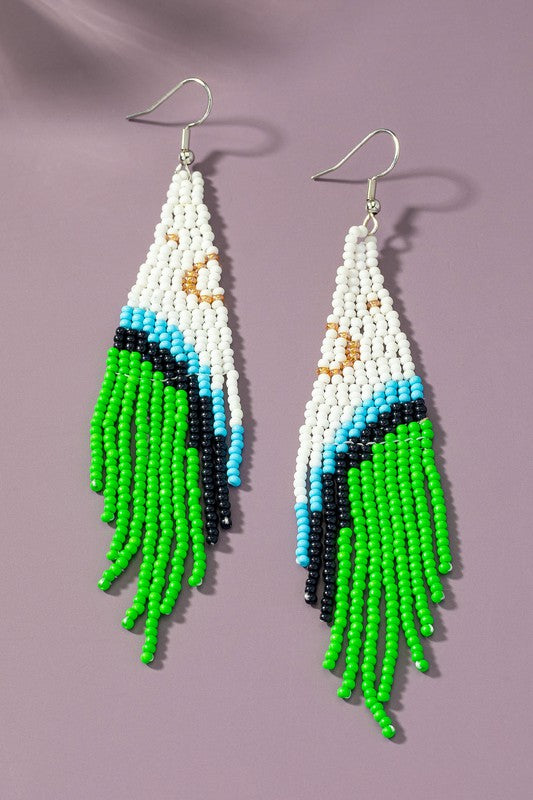 Boho seed bead moon over green field earrings