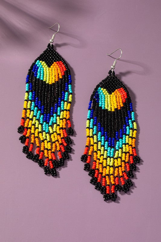 Rainbow heart drop seed bead earrings
