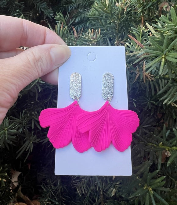 Hot Pink Ginkgo Leaf Acrylic Earrings Valentines