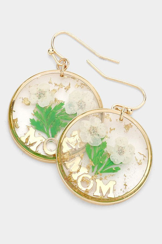 MOM Pressed Flower Clear Lucite Round Earrings