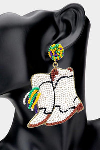 Felt Back Mardi Gras Beaded Western Boots Earrings - MeriMeriShop