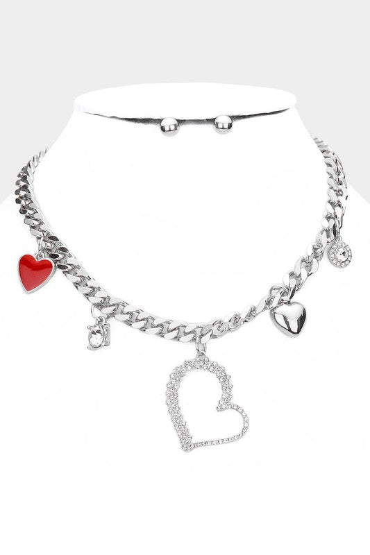 Enamel Rhinestone Embellished Heart Necklace - MeriMeriShop