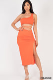 Asymmetric One Shoulder Crop & Side Slit Hem Skirt