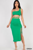 Asymmetric One Shoulder Crop & Side Slit Hem Skirt