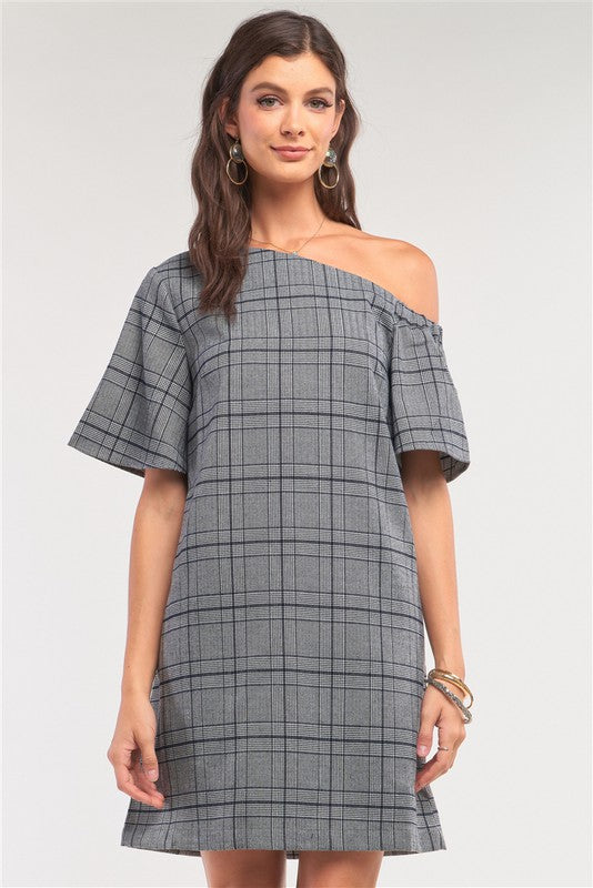 Checkered One Shoulder Mini Dress
