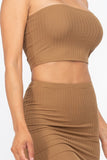 Solid Strapless Ribbed Tube Top &Mini Skirt Sets
