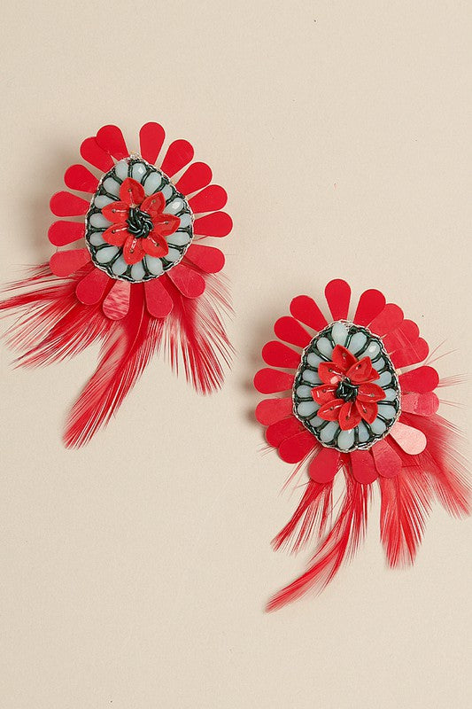 Boho Tribal Earrings with Feather Drop