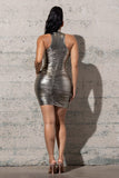 METAL FOIL RUCHED BODYCON DRESS WITH MOCK NECK