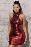 METAL FOIL RUCHED BODYCON DRESS WITH MOCK NECK