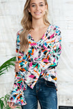 Colorful Long Bell Sleeve V Neck Top