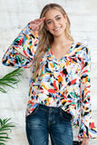 Plus Colorful Long Bell Sleeve V Neck Top