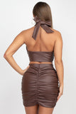 Ladies Faux Leather Halterneck Top and Ruched Mini