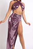 Foil Surplice Halter Top and Opened Maxi Skirt