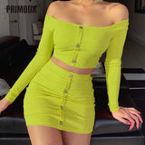 Women's Sets Fashion Buttons Long Sleeve Crop Top Mini Skirt Sexy Club Neon Green Overalls Two Pieces Sets Outfits Party PR339G - MeriMeriShop