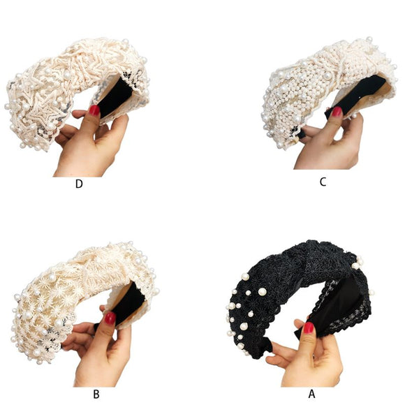 Women Girl Crochet Star Lace Wide Headband Imitation Pearl Embellished Hair Hoop Banquet Wedding Twist Knotted Styling Headpiece - MeriMeriShop