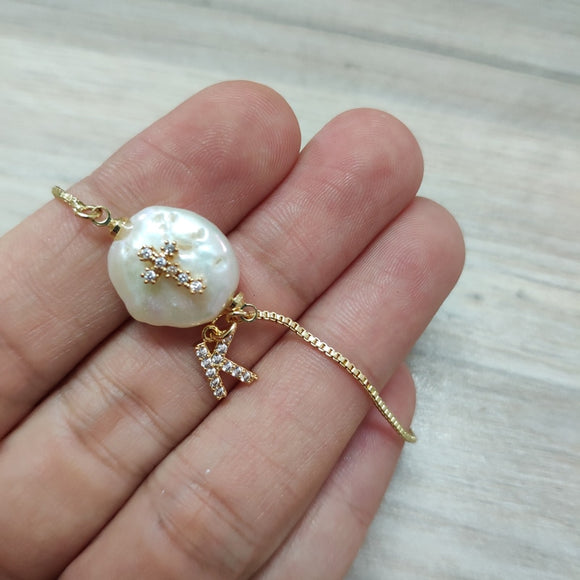 religious tiny white cz cross initial 26 alphabet letter name charm freshwater pearl bead dainty gold link bracelet for women - MeriMeriShop