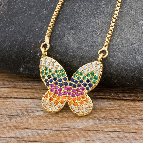 Fashion Cute Butterfly Pendant Necklace Copper Cubic Zirconia Gold Chain Necklaces CZ Rainbow Choker Fine Party Birthday Gift - MeriMeriShop